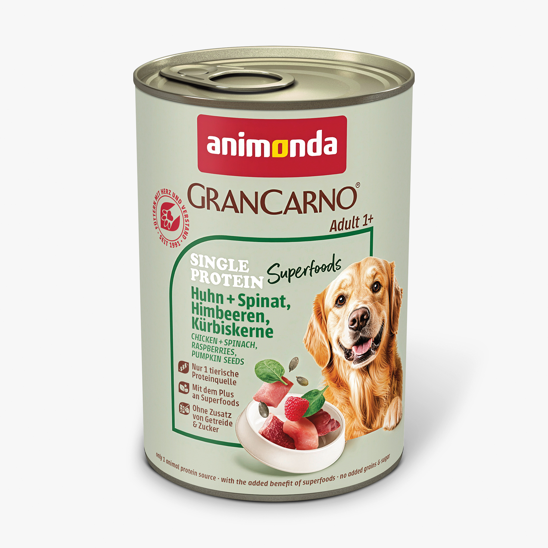 GranCarno Adult Single Protein + Superfoods Huhn + Spinat, Himbeeren, Kürbiskerne